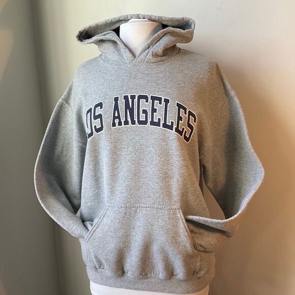 Vintage Los Angeles Pullover Hoodie by Gildan. Grey with navy. Medium - Picture 10 of 12